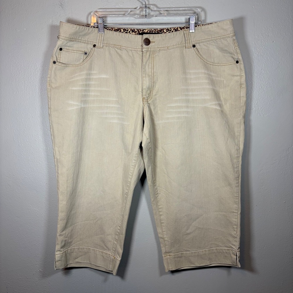 Venezia Womens Tan Denim Capri Pants Leopard‎ Trim Khaki Jeans Size 22W